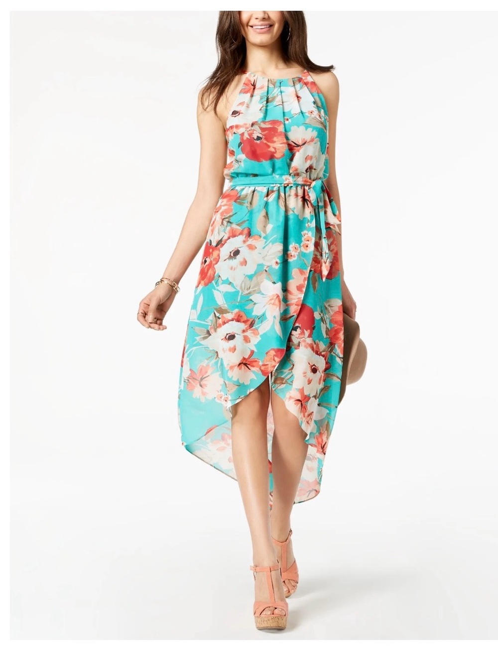 BCX Turquoise Floral High-Low Halter Dress